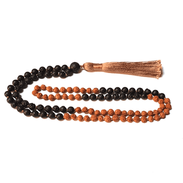 Handmade Grounding Mala Necklace – Lava & Rudraksha for Stability looped on table